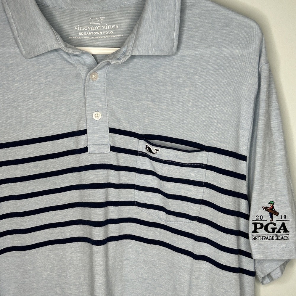 Vineyard Vines Edgartown Polo Mens Large Blue Striped 2019 PGA Bethpage Black